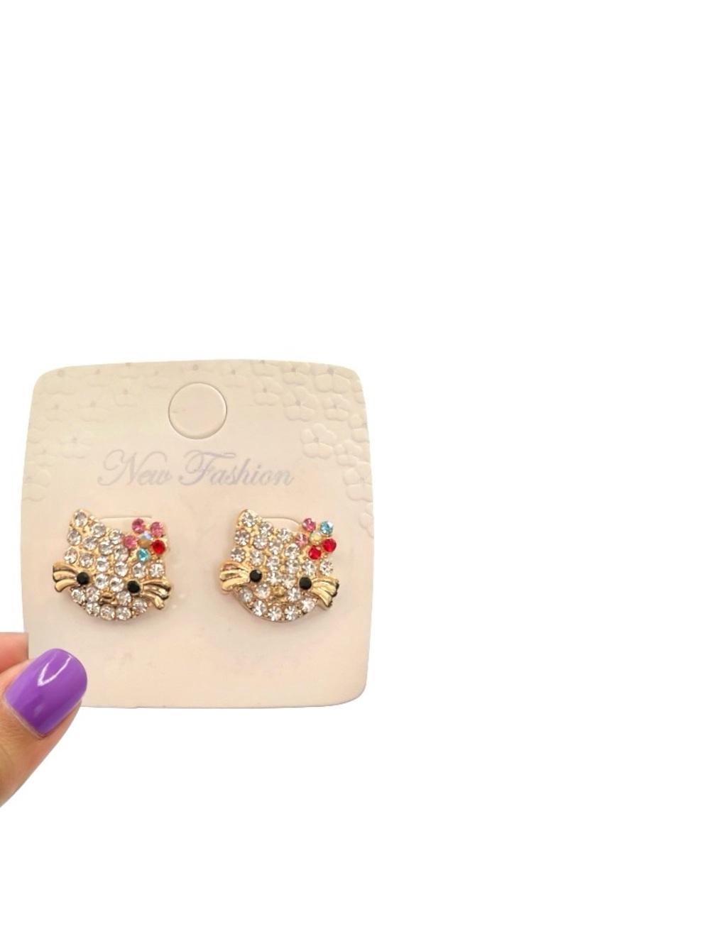 RHINESTONE GOLD TONE HELLO KITTY PIERCED STUD EARRINGS WITH MULTI COLOR FLOWER